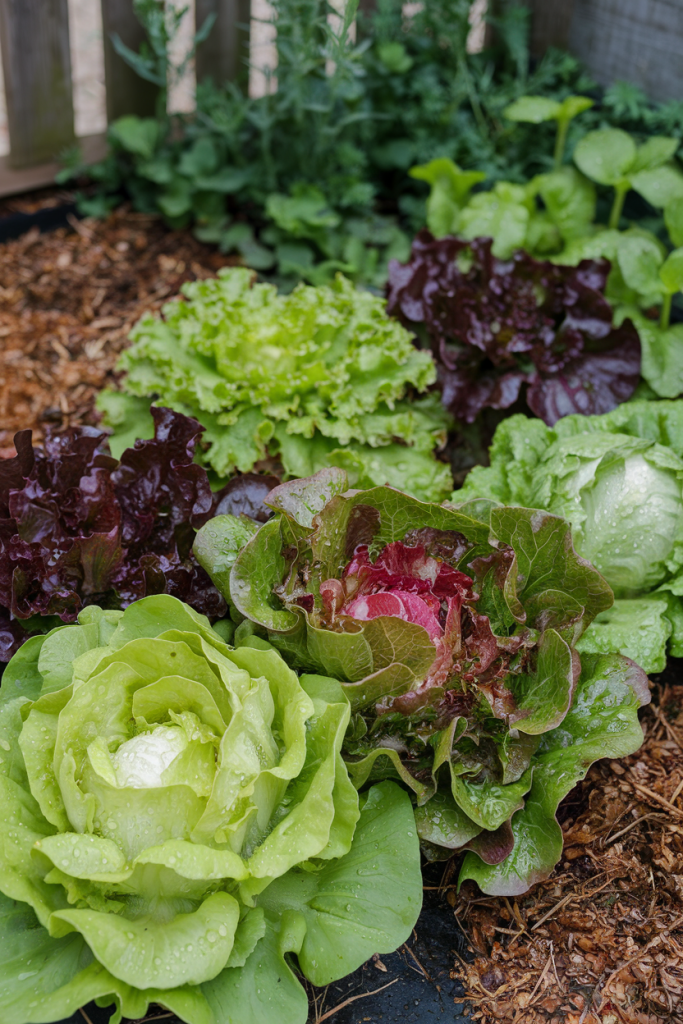 Variety of lettuce in a garden bed with fresh morning dew.