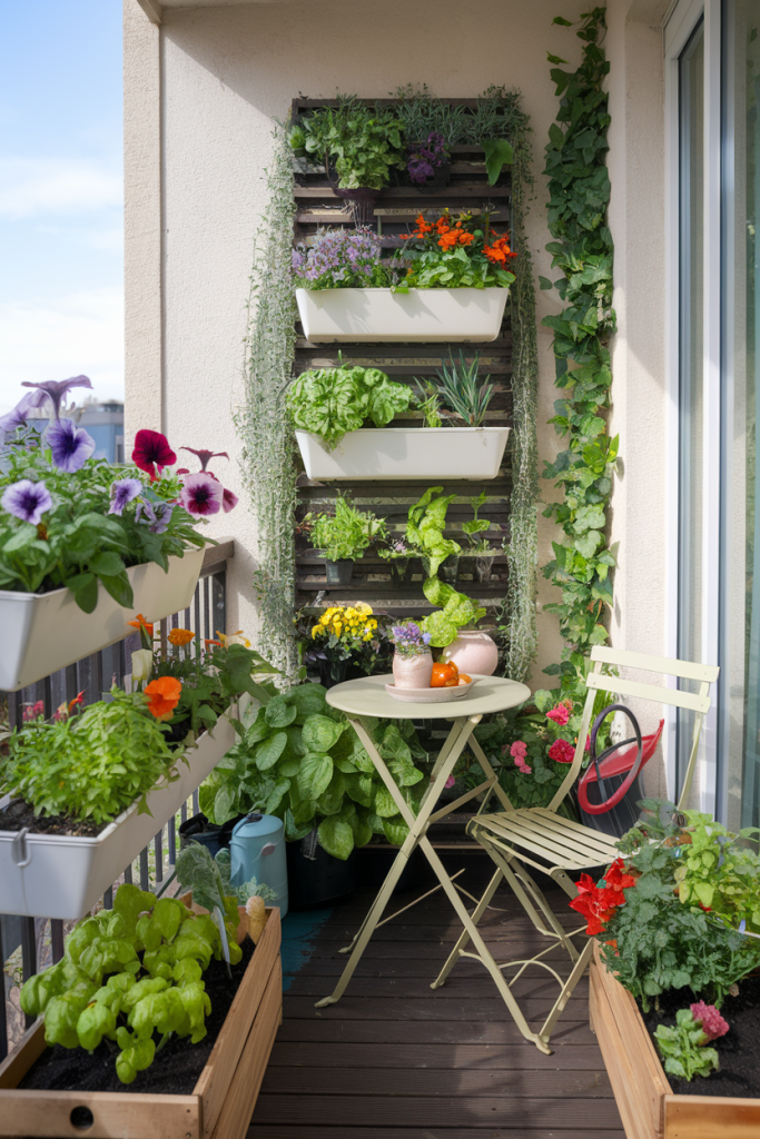 A small balcony turned into a mini garden with tiered planters, vertical greenery, and a cozy bistro set surrounded by thriving plants.