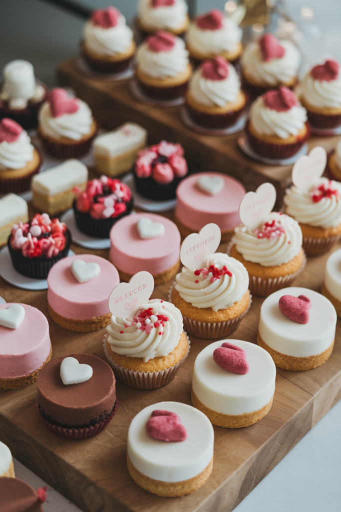 A selection of mini desserts including cupcakes, cheesecakes, and tarts.