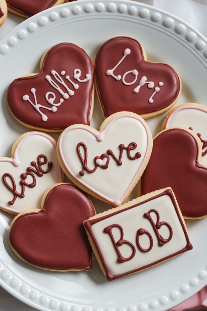 Personalized Valentine cookies with names and messages on a decorative plate.