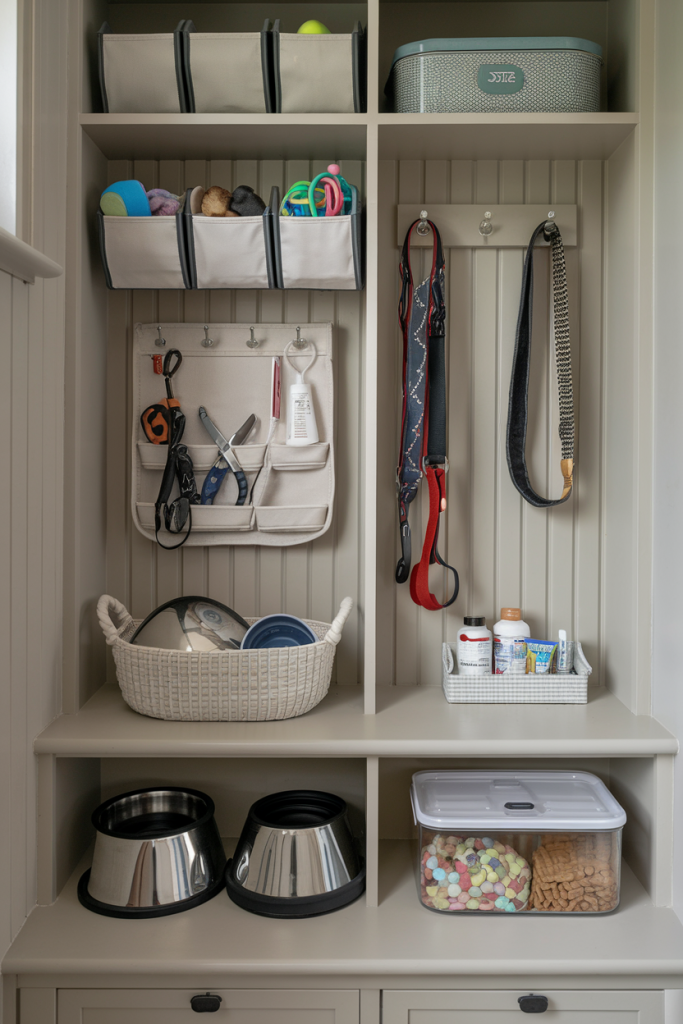 A collection of pet supply organizers, including bins for toys, hooks for leashes, and storage for treats, styled in a tidy home setting.