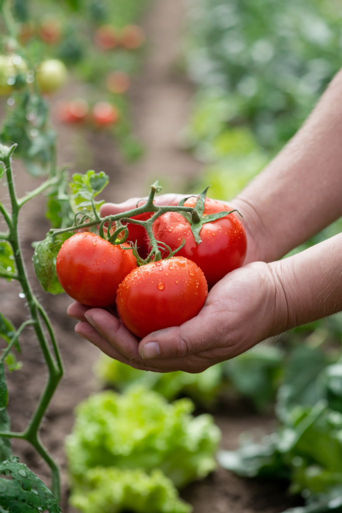 Gardener holding freshly picked tomatoes and with garden view.