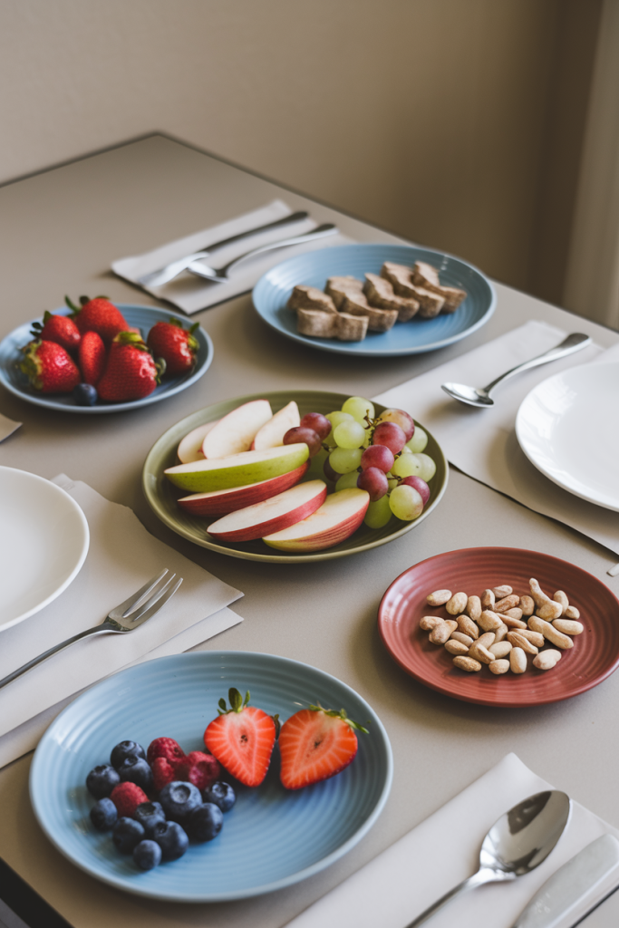  Small plates with fruits, vegetables, and nuts, demonstrating effective portion control methods.