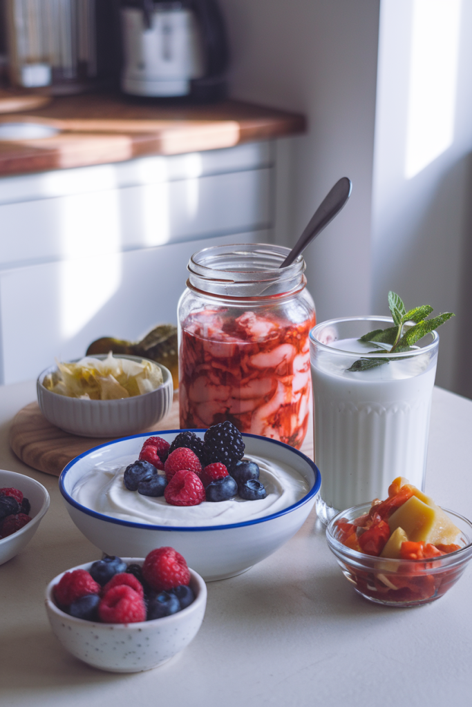 A selection of probiotic-rich foods including yogurt, kimchi, and kefir displayed on a bright kitchen table, promoting gut health.