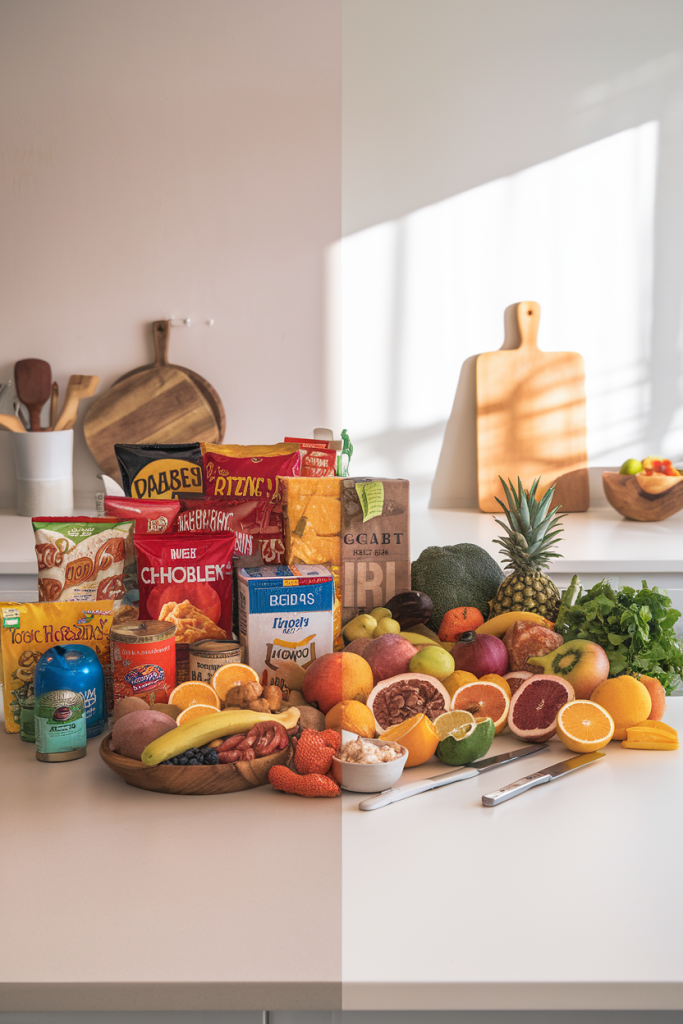 Processed food packages next to fresh ingredients, showing the differences in nutrition and health benefits.