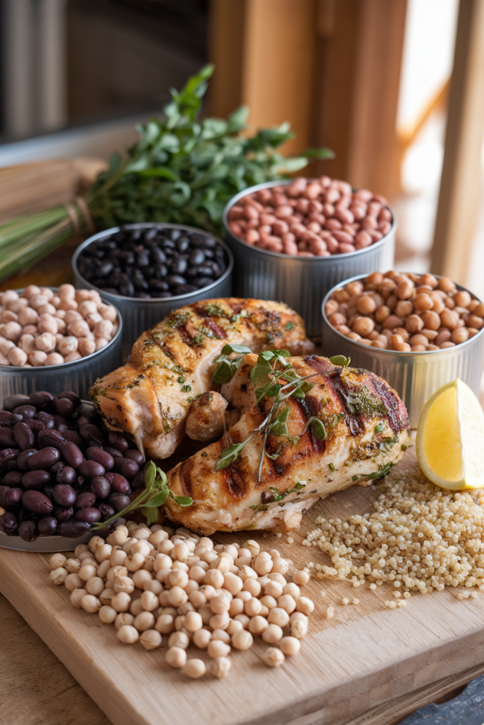 A variety of protein foods including chicken, legumes, and quinoa on a cutting board, emphasizing dietary proteins.