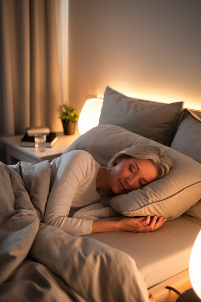 A woman in her 40s peacefully sleeping in a cozy bedroom, highlighting the importance of rest for wellness.