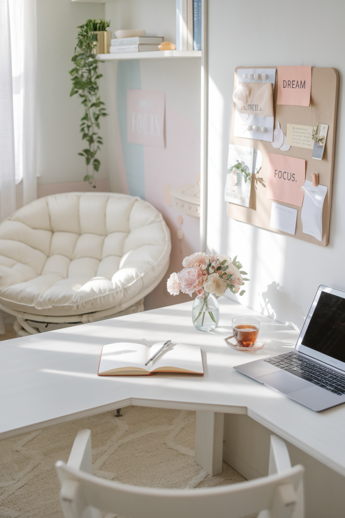 A cozy, light-filled home office with a wooden desk, laptop, and pastel flowers, symbolizing focus and creativity in a calm environment