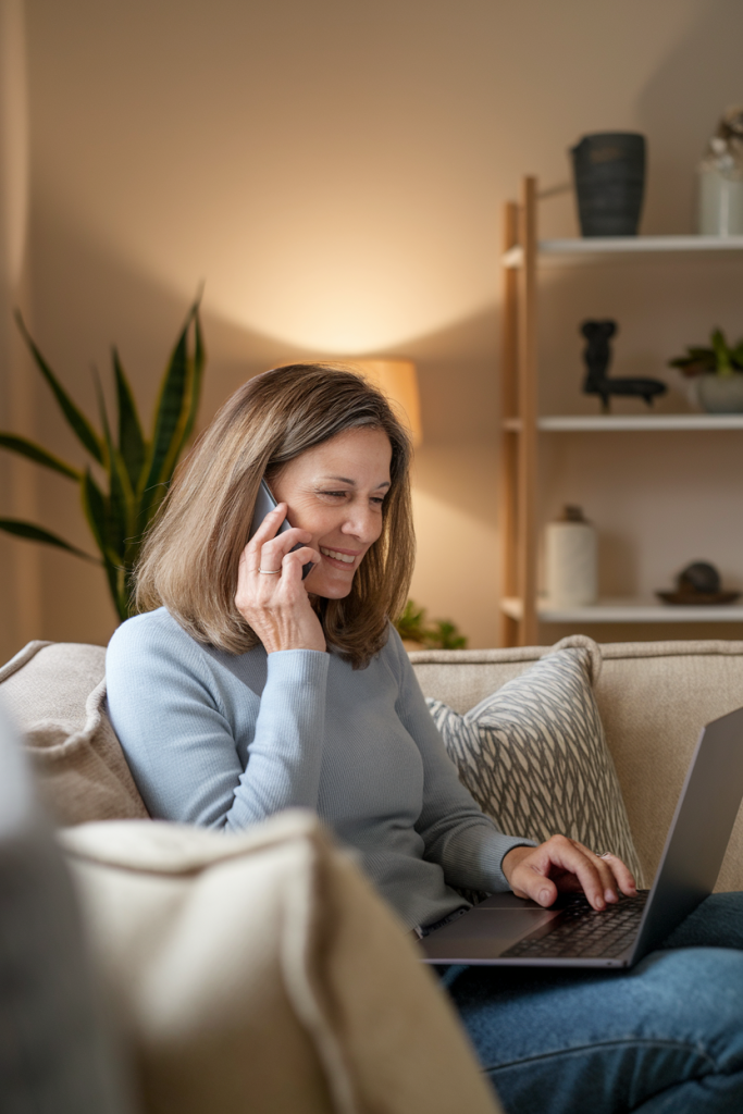 A woman in a cozy living room with a laptop, holding up her hand with a gentle smile, symbolizing compassionate boundary-setting