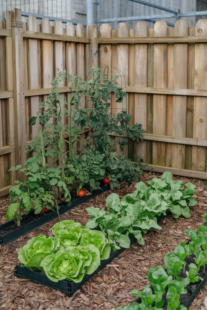 Simple garden plot with rows of lettuce and radishes.