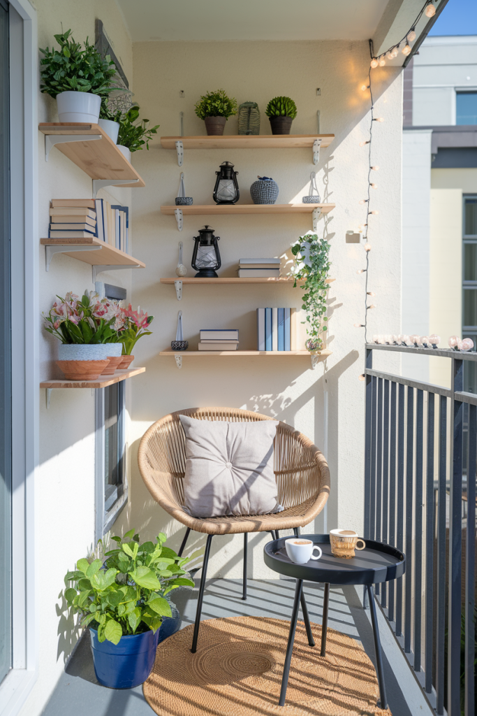 A small balcony with wall-mounted shelves holding plants, decor, and books, paired with cozy seating and fairy lights for a stylish outdoor space