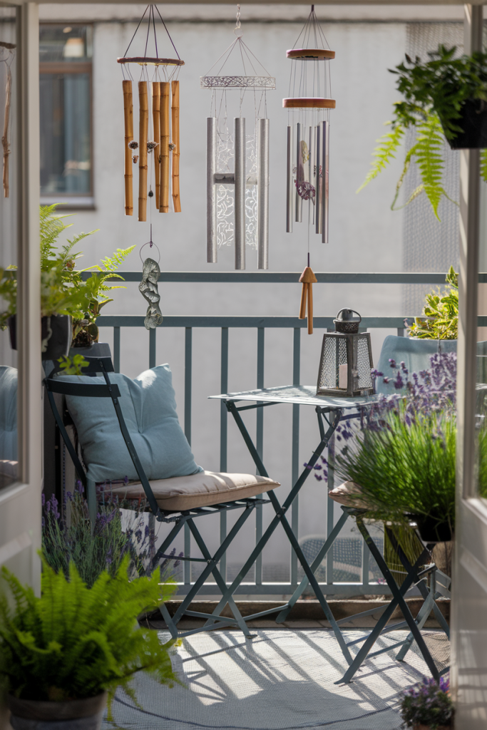 A peaceful small balcony with decorative wind chimes, potted plants, a bistro set, and a cozy outdoor ambiance