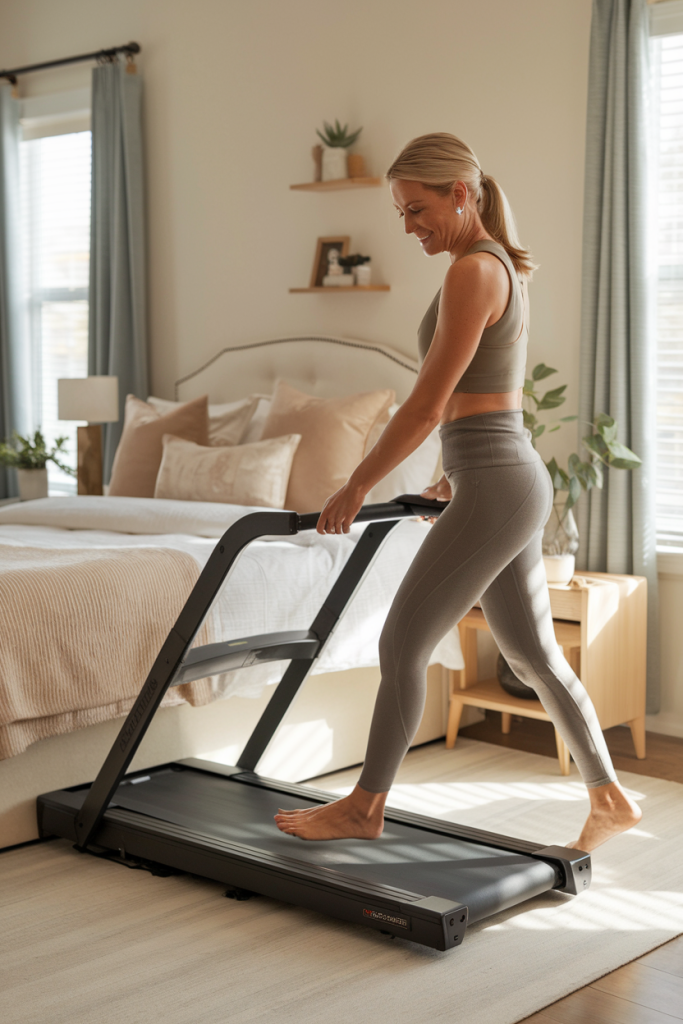 A woman pulling a flat treadmill from under her bed in a stylish bedroom, preparing for a workout