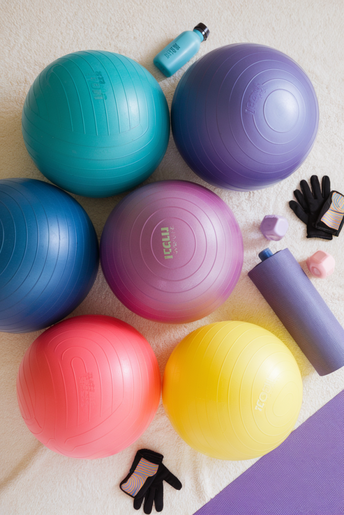 A colorful flat lay of stability balls with workout accessories for a fun fitness vibe