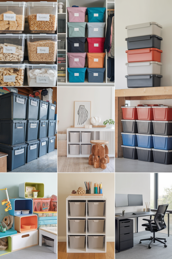 A collage of stackable storage bins for pantry, closet, garage, playroom, and office organization, showcasing versatility and functionality.