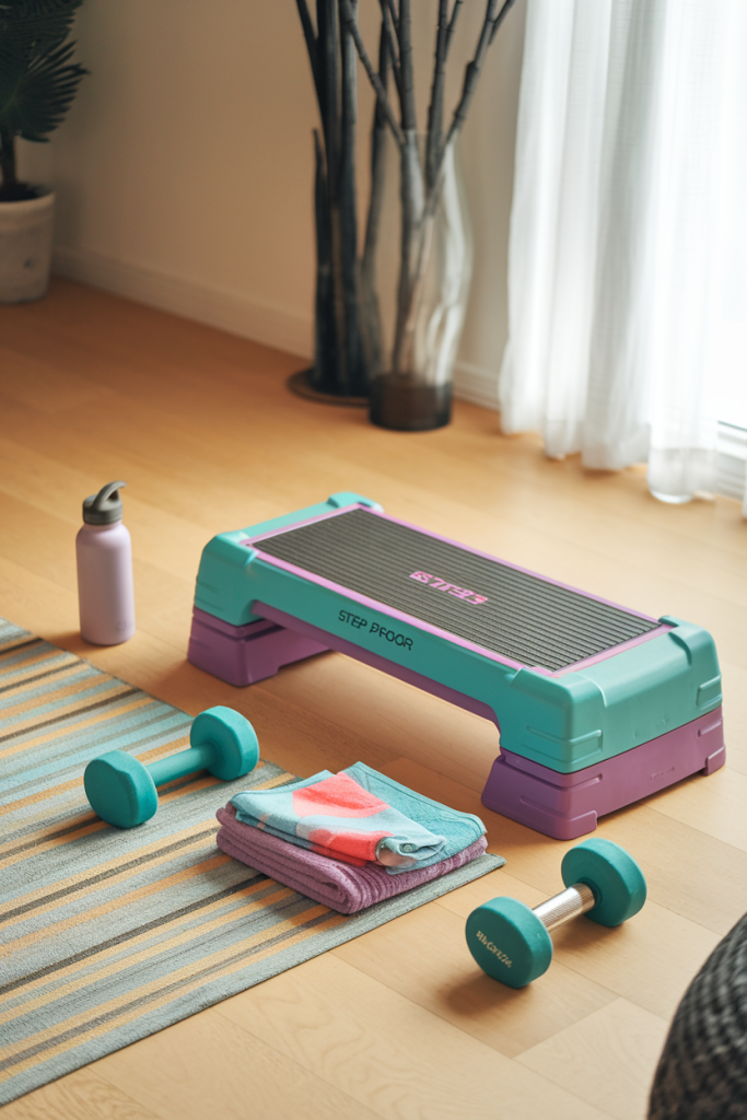 A colorful step platform with risers and workout accessories in a modern home gym setting