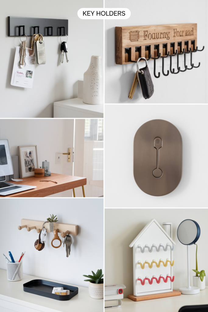 A collage of key holders, including wall-mounted racks, magnetic holders, and tray organizers, styled for practical and decorative use.