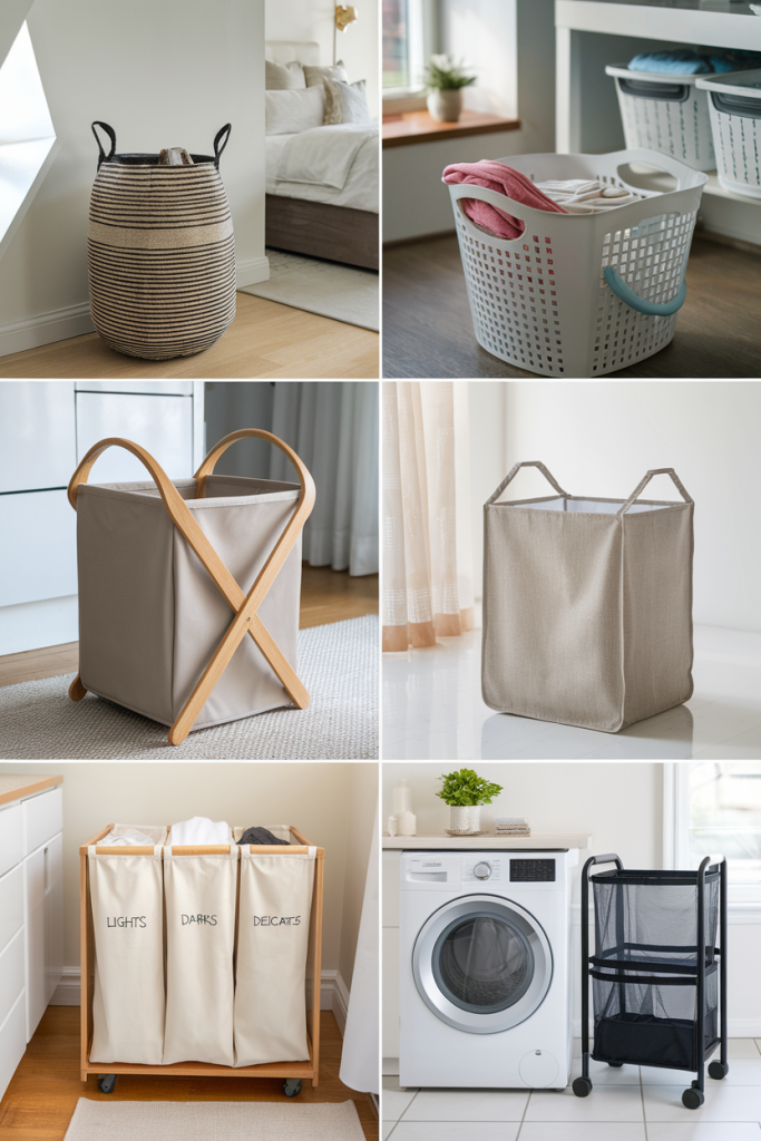 A collage of laundry baskets, including woven, plastic, fabric, and divided options, styled in various home settings for practicality and style.