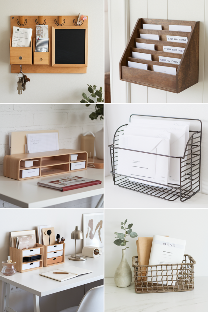 A collage of mail organizers, including wall-mounted sorters, desk racks, and countertop holders, styled for practical and decorative use.