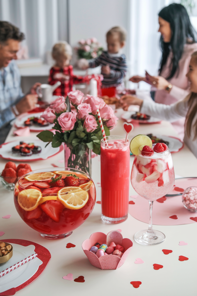 A festive Valentine's Day party table with Sweetheart Punch, Shirley Temple, and Sparkling Raspberry Limeade Spritz surrounded by pink and red decor, perfect for families