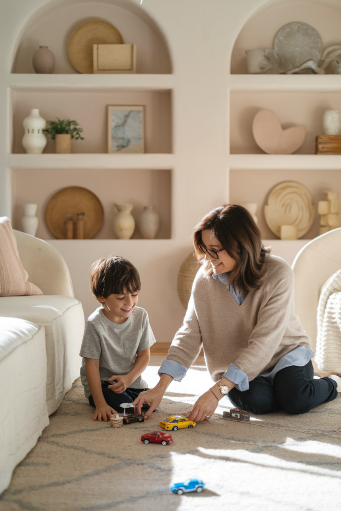 A grandmother and her grandson playing together on the floor of a bright living room, representing intentional and joyful connection.