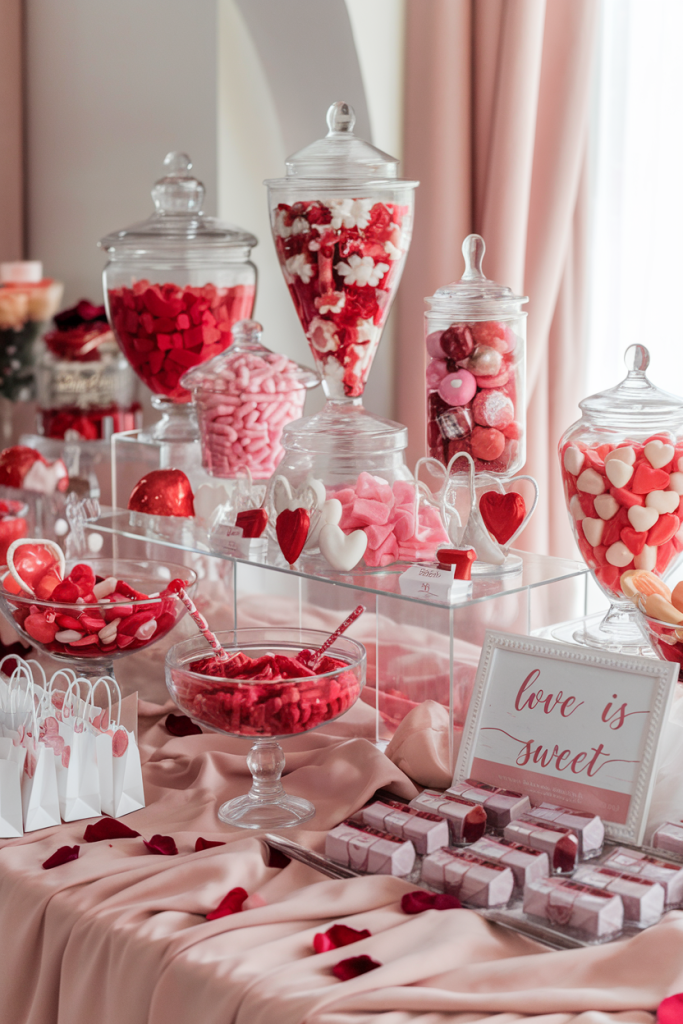 A festive Valentine’s Day candy buffet with clear jars and bowls filled with red, pink, and white sweets, including gummies, chocolates, and heart-shaped lollipops. The display features small decorative bags, custom candy labels, and a romantic 'Love is Sweet' sign, arranged with blush linens and rose petals for a thoughtful and colorful decoration