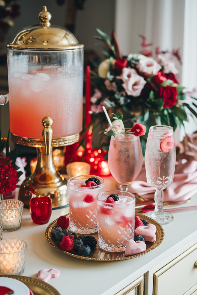 A Valentine's drink station with cocktails, mocktails, and themed garnishes.