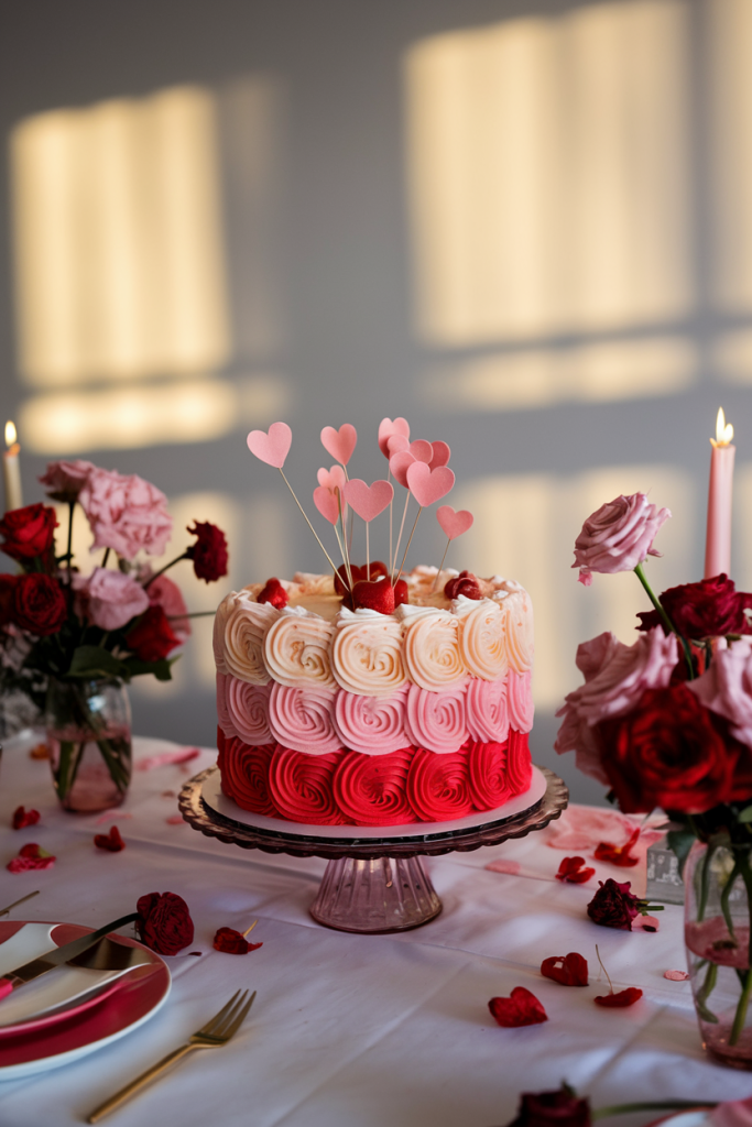 A romantic Valentine’s Day cake adorned with red and pink frosting rosettes, edible gold accents, and heart-shaped decorations, displayed on a party table with matching desserts and soft candlelight for an elegant and festive celebration