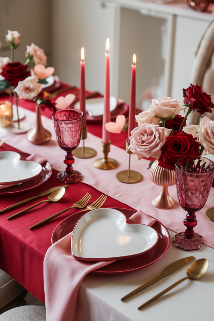 A romantic Valentine’s Day dining table with red and pink tablecloths and napkins, heart-shaped plates, and softly glowing candles. Floral arrangements of red and blush roses and gold utensils add elegance, while the warm lighting enhances the intimate atmosphere.