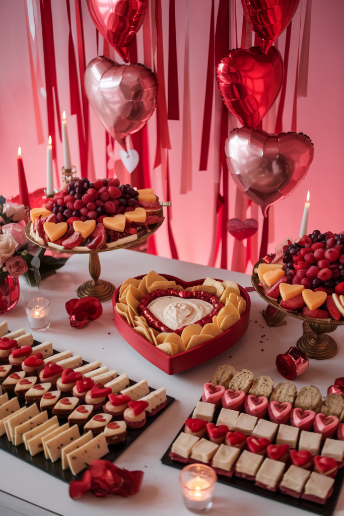 A themed food platter with fruits, cheeses, candies, and mini sandwiches