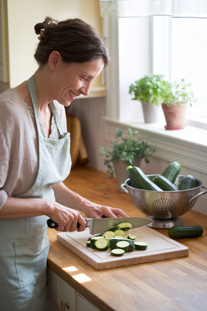 A woman in her 40s chopping freshly picked zucchini on a wooden countertop, with a colander of garden-fresh vegetables nearby