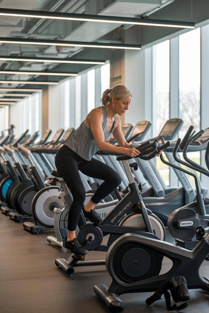 A woman in a gym riding an exercise bike with different types of exercise bikes lined up in the background