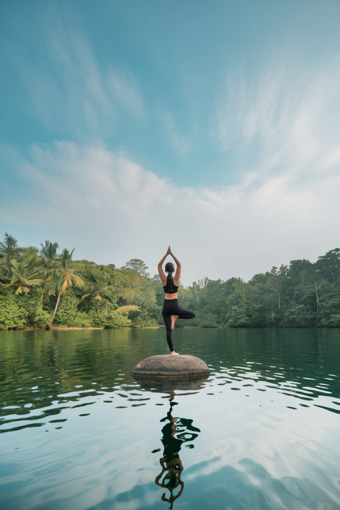 Woman over 40 balancing on a rock in a tree pose showing yoga helps find balance in life