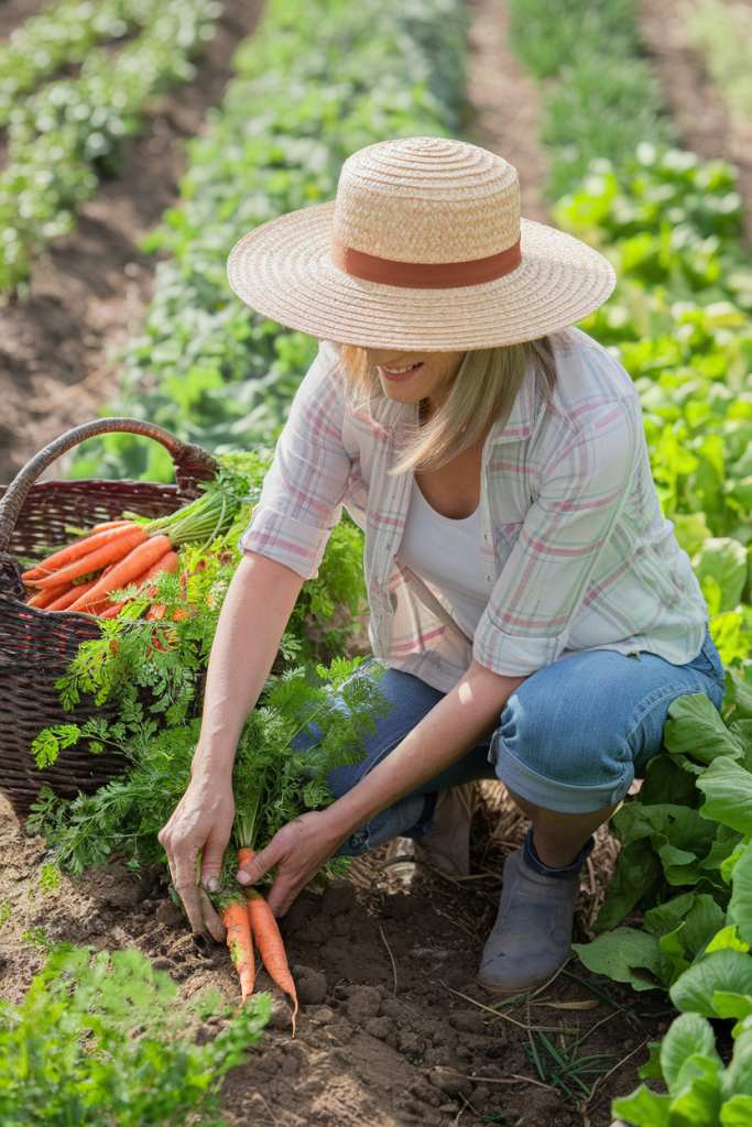 A woman in her 40s picking carrots in a lush garden, with a basket of freshly harvested vegetables beside her, surrounded by sunlight and greenery