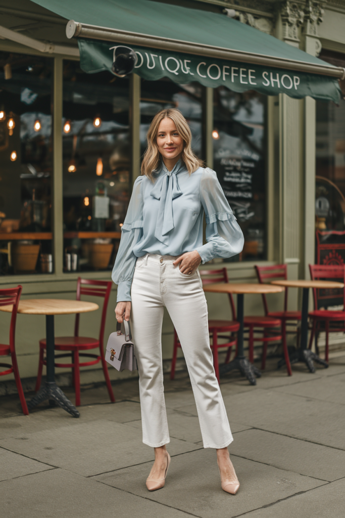 A woman wearing a ruffled blouse with bow accents, paired with tailored white jeans and nude heels.