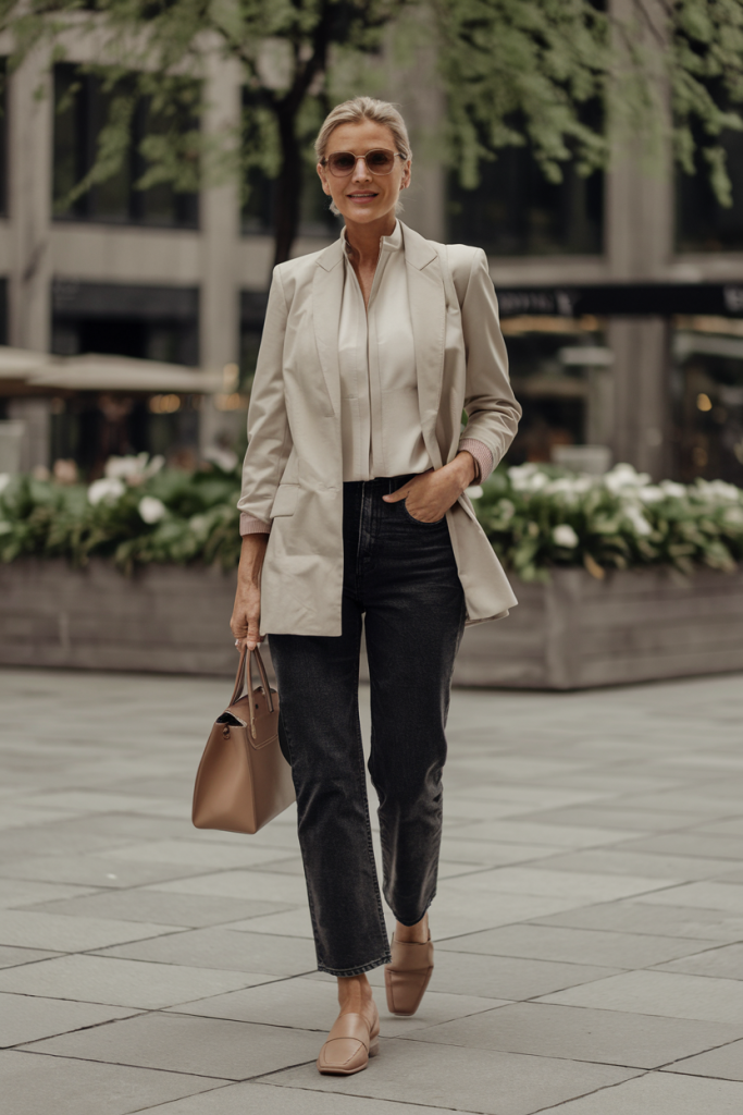 A woman wearing a beige tailored blazer and dark jeans, showcasing structured silhouettes for spring.